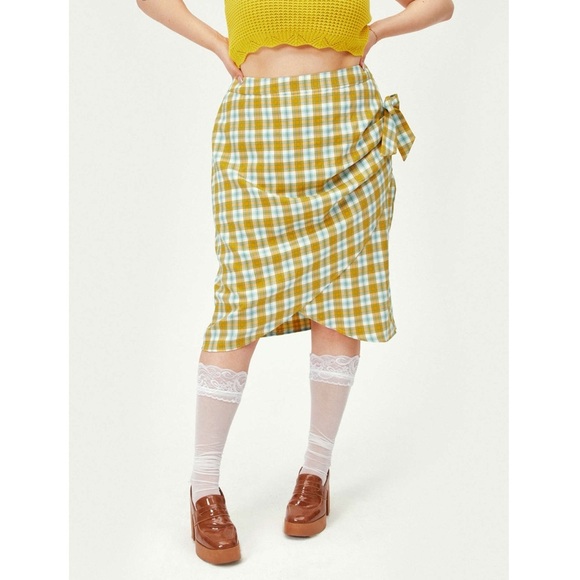 Cider Yellow White Plaid Bow Side Midi Skirt Women’s Plus Size 2X Twee Academia - Picture 1 of 16